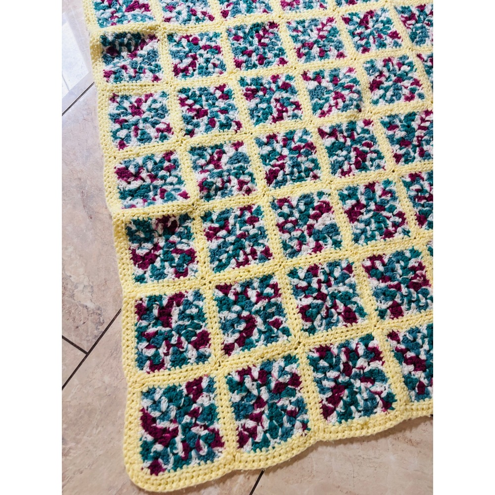 Vintage Handmade Crochet Granny Square Afghan Blanket Yellow Teal Magenta Throw